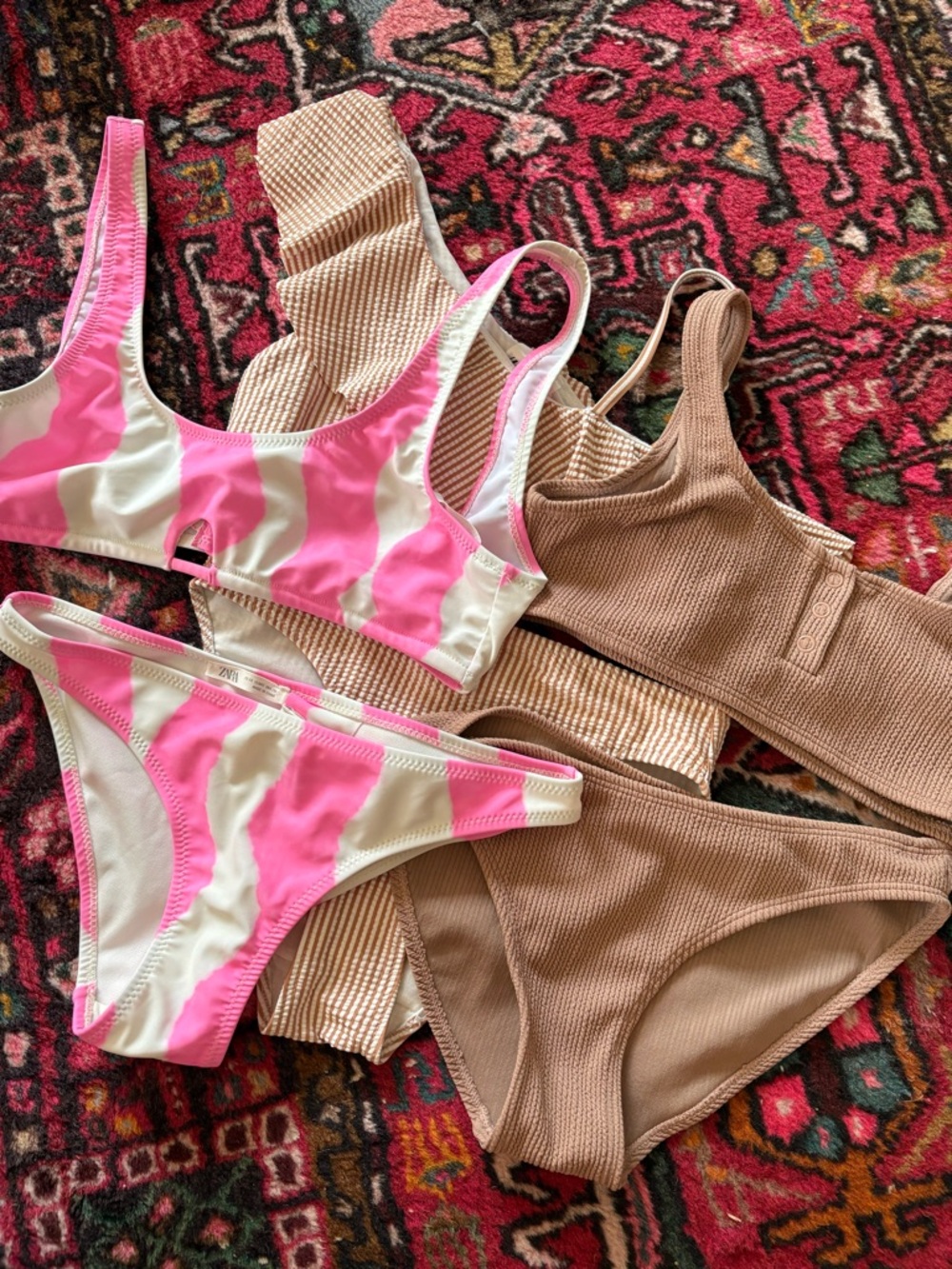 Euc Zara Pink & Cream Patterned Bikini and Tan Ribbed Bikini bundle of 3
